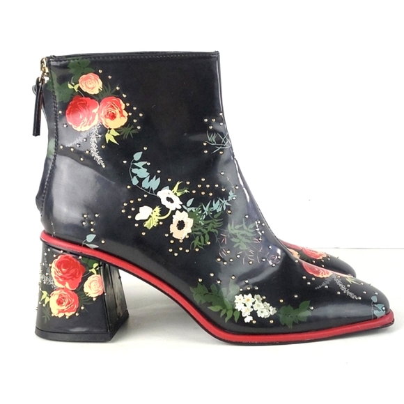 Zara Shoes - ZARA Faux Patent Leather Floral Print Studded Square Toe Block Heel Ankle Bootie
